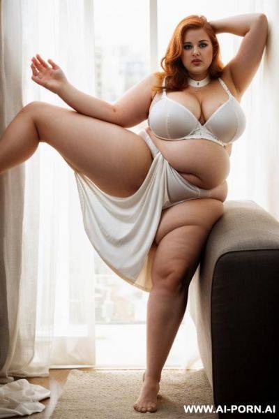 White latex glamorous evening dress; collar; gigantic huge boobs; obese; - ai-porn.ai on pornintellect.com