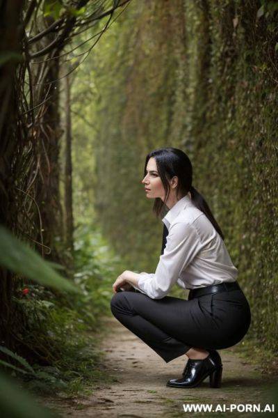 German woman in her 30s with shirt, pleated trousers squatting with bent knees in messy undergrowth, backview, - ai-porn.ai - Germany on pornintellect.com