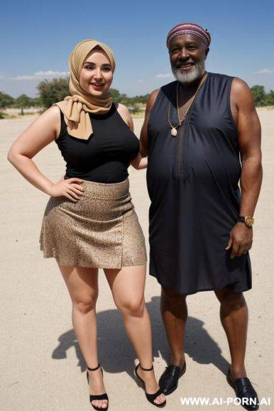 Smiling curvy russian thick wife wearing hijab standing with old african man - ai-porn.ai - Russia on pornintellect.com