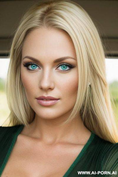 Pretty redneck blonde, pretty round face, bright green eyes, photo realistic, - ai-porn.ai on pornintellect.com