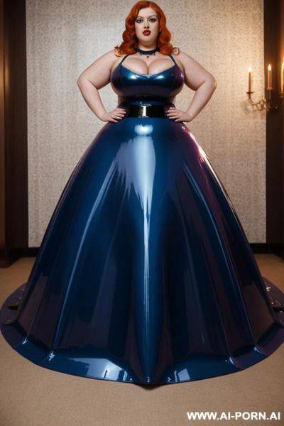 Blue latex ball gown; collar; gigantic huge boobs; obese; - ai-porn.ai on pornintellect.com