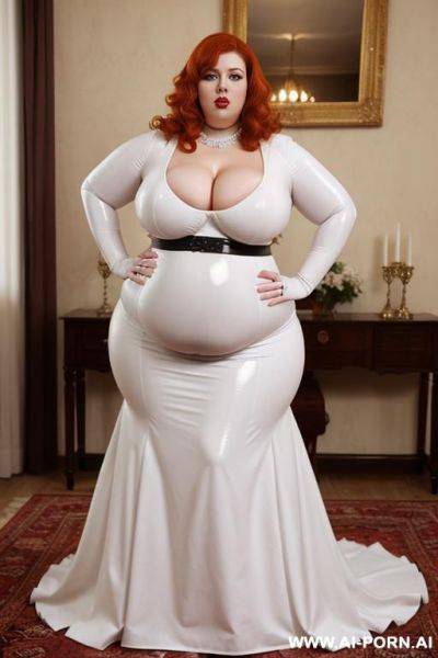 White latex ball gown; collar; gigantic huge boobs; obese; - ai-porn.ai on pornintellect.com