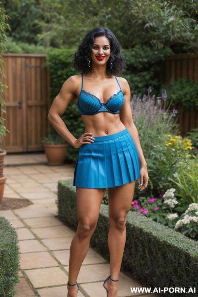 Indian, short hair, fit, abs, muscular arms, big ass, tall, long legs, navel piercing, blue bra, blue pleat skirt, looking at camera, full body, stiletto, in garden, lipstick - ai-porn.ai - India on pornintellect.com