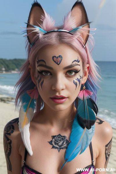 Face, sexy, beautiful, ((face painting)), ((bikini as seashell)), ((tattoo roses)), ((eyes shw)), ((angel wings)), ((rainbow hair)), ((long bu hair)), ((wind)), (( cat face)), (( cat ears)), (((feather - ai-porn.ai on pornintellect.com
