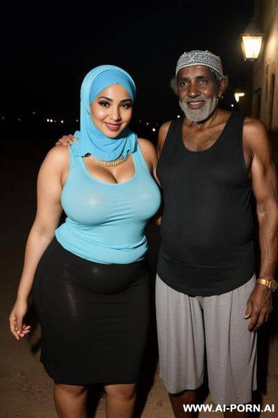 Smiling curvy egyptian thick wife wearing hijab, sleeveless shirt and micro skirt standing with old african man at night - ai-porn.ai - Egypt on pornintellect.com