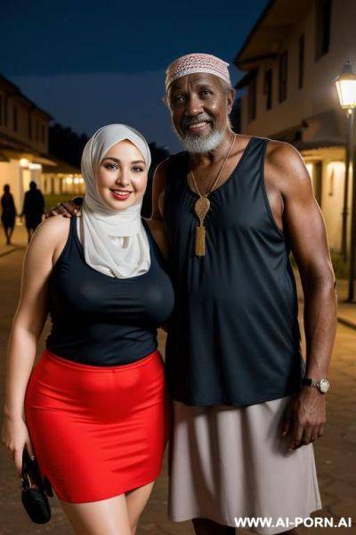 Smiling curvy russian thick wife wearing hijab, sleeveless shirt and micro skirt standing with old african man at night - ai-porn.ai - Russia on pornintellect.com