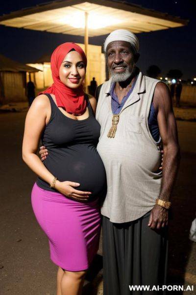 Smiling curvy egyptian thick pregnant wife wearing hijab, sleeveless shirt and micro skirt standing with homeless old african man at night - ai-porn.ai - Egypt on pornintellect.com