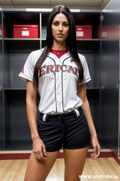 Medium length straight hair, standing in locker room, photo realistic, dressed in softball uniform, beautiful french model, - ai-porn.ai - France on pornintellect.com