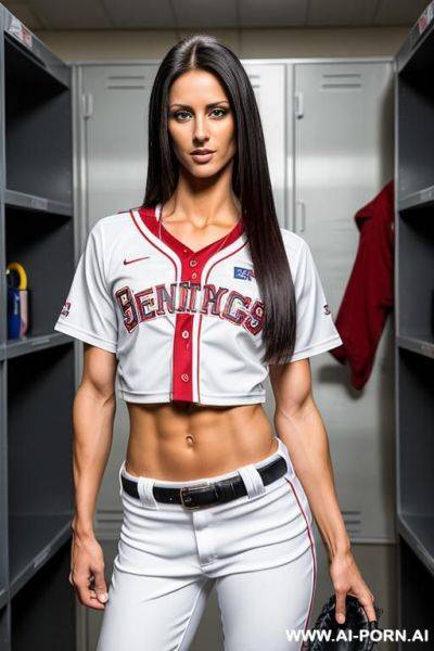 Medium length straight hair, standing in locker room, photo realistic, dressed in baseball uniform, beautiful french model, - ai-porn.ai - France on pornintellect.com