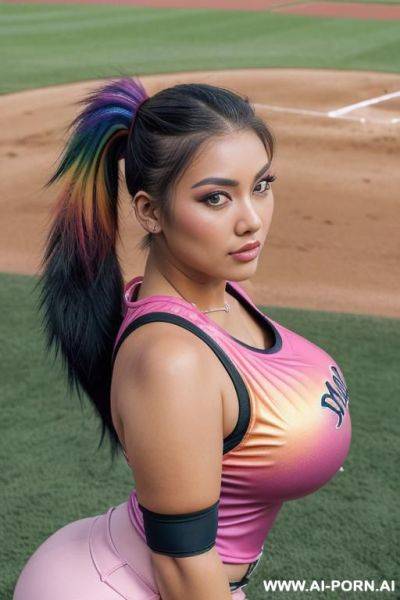 Sexy cherokee sister, stunning face, on baseball field, wearing pink and black softball uniform, beautiful thick body, huge massive tits, curvy body, long black ponytail, beautiful brown eyes, seductive, sexy cherokee baseball field. - ai-porn.ai on pornintellect.com