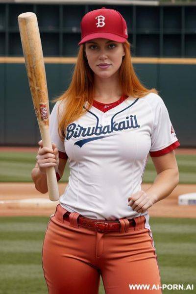 Sexy scandinavian sister, gorgeous face, on baseball field, wearing softball uniform, beautiful toned body, huge saggy tits, toned body, long ginger straight hair, beautiful green eyes, seductive, sexy scandinavian baseball player. - ai-porn.ai on pornintellect.com