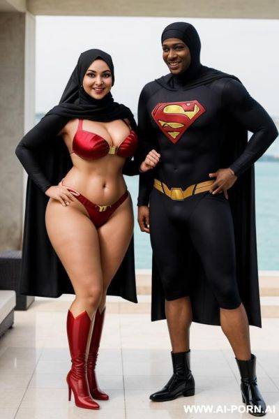 Smiling curvy russian thick wearing hijab and superwoman bikini costume standing with super hero black man - ai-porn.ai - Russia on pornintellect.com