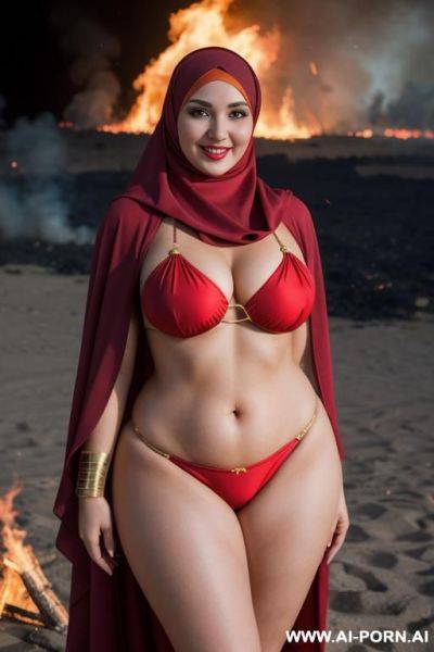 Smiling curvy russian thick wearing hijab and superwoman bikini costume standing at fire - ai-porn.ai - Russia on pornintellect.com