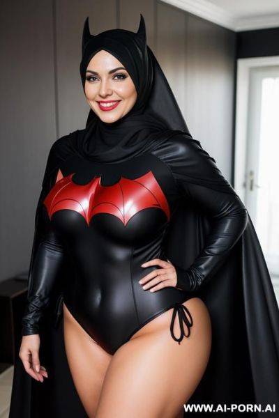 Smiling curvy russian thick wearing hijab and batwoman bikini costume standing with super hero black man - ai-porn.ai - Russia on pornintellect.com
