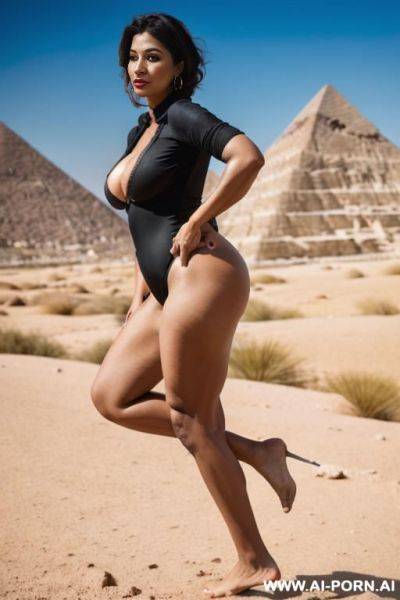 Dark eyeliner, red lipstick, hijab, totally naked, completely nude, show bare boobs, show shaved pussy, public, pyramids in backgroud - ai-porn.ai on pornintellect.com