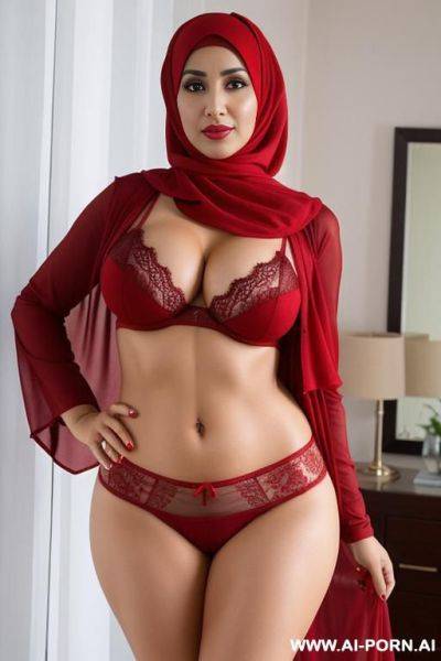 Arab woman in her forties wearing red underwear and a hijab - ai-porn.ai on pornintellect.com