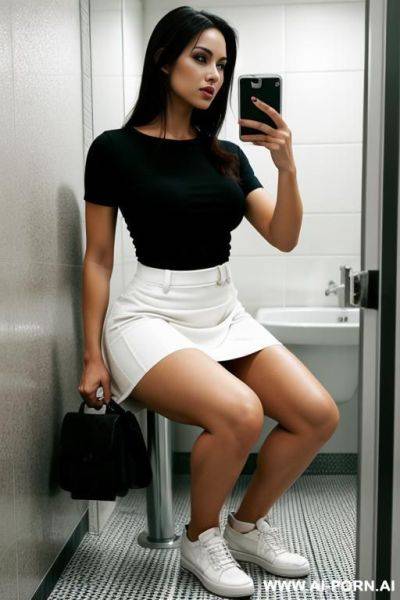Woman shirt skirt squatting in the middle of restroom - ai-porn.ai on pornintellect.com