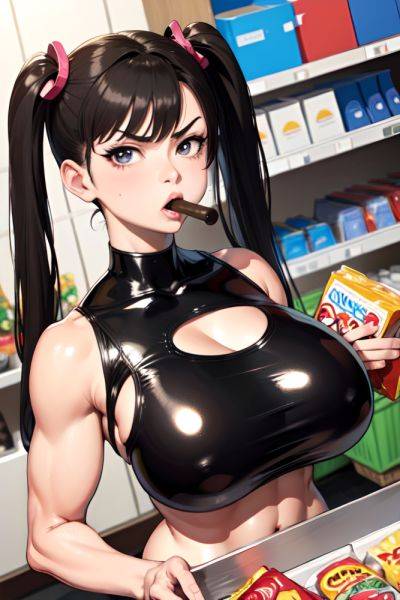 Anime Muscular Huge Boobs 80s Age Angry Face Brunette Pigtails Hair Style Light Skin Black And White Grocery Close Up View Eating Latex 3668176950562313259 - AI Hentai - aihentai.co on pornintellect.com