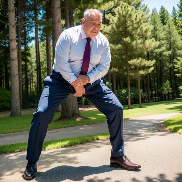 Manly man,elder,Looking at viewer,fat,stocking,(silk),suit,blue shirt,bending over,daytime,sun,forest,front view,full body,(adult:1.5) - pornmake.ai on pornintellect.com