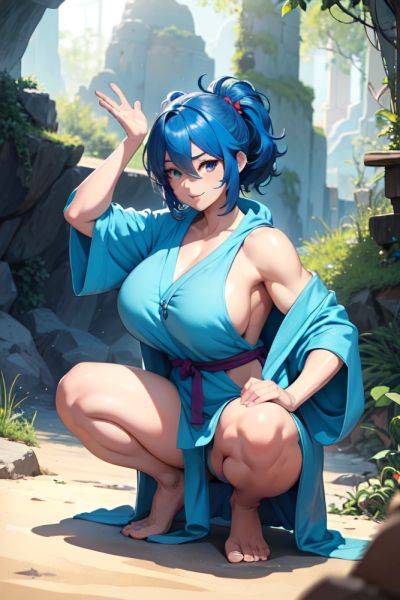 Anime Muscular Huge Boobs 30s Age Happy Face Blue Hair Messy Hair Style Light Skin Illustration Cave Front View Squatting Bathrobe 3668876601667920444 - AI Hentai - aihentai.co on pornintellect.com