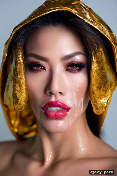 Strong jaws features in a high resolution 4k image many colors an 50 year old korean woman staring straight into camera in a baggy gold color hood face portrait with wrinkled skin extreme sunken cheeks - spicy.porn - North Korea on pornintellect.com