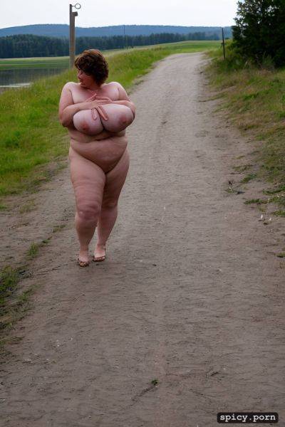 Mage huge floppy saggy breasts on very fat russian mature woman with large hairy cunt fat stupid cute face with much makeup and small nose semi short hair standing straight in siberian town sidewalk gigantic floppy tits worn out woman style very fat - spicy.porn - Russia on pornintellect.com