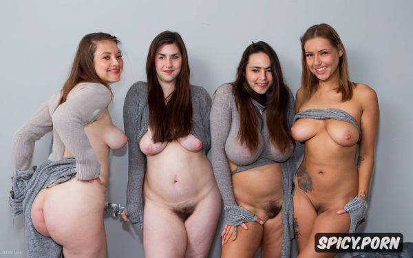 Three pretty teens in a row in front of grey wall frontal view - spicy.porn on pornintellect.com