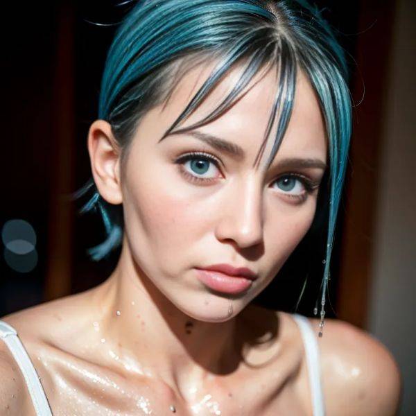 ,white people,woman,twenties,(RAW photo, best quality, masterpiece:1.1), (realistic, photo-realistic:1.2), ultra-detailed, ultra high res, physically-based rendering,short hair,(wet hair:1.4),blue hair,blue - pornmake.ai on pornintellect.com