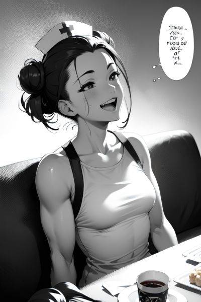 Anime Muscular Small Tits 50s Age Laughing Face Ginger Hair Bun Hair Style Light Skin Black And White Couch Side View Eating Nurse 3665590949489948164 - AI Hentai - aihentai.co on pornintellect.com