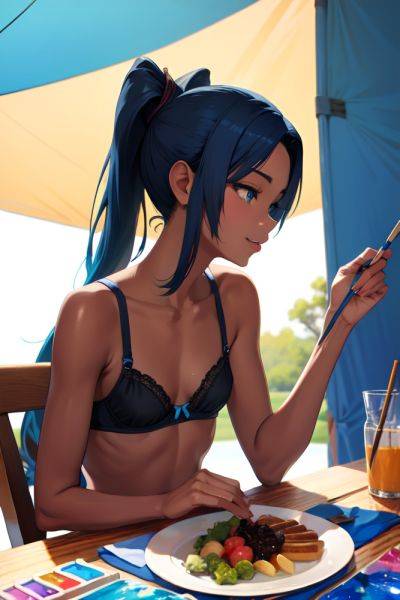 Anime Skinny Small Tits 20s Age Happy Face Blue Hair Ponytail Hair Style Dark Skin Painting Tent Side View Eating Bra 3666035478097192485 - AI Hentai - aihentai.co on pornintellect.com