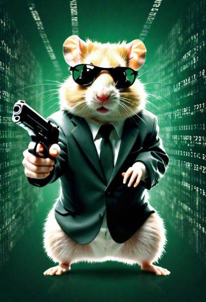 Double Exposure of a hamster, sunglasses, holding a handgun as agent smith from The Matrix, Falling Matrix style Code and numbers - civitai.com on pornintellect.com