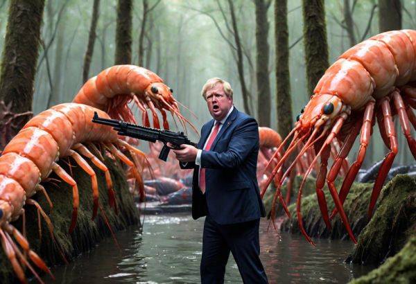 Stereotypical british man along with a fat american republican taking their last stand agaist a giant army of killer shrimp with guns devouring humans in an evil forest - civitai.com - Britain - Usa on pornintellect.com