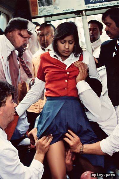 Real natural colors ultra detailed expressive faces detailed anatomy wide view of several very creepy men discretely groping and fondling the body under the skirt of a very small reluctant powerless scared indian woman in school uniform on a crowded bus - spicy.porn - India on pornintellect.com