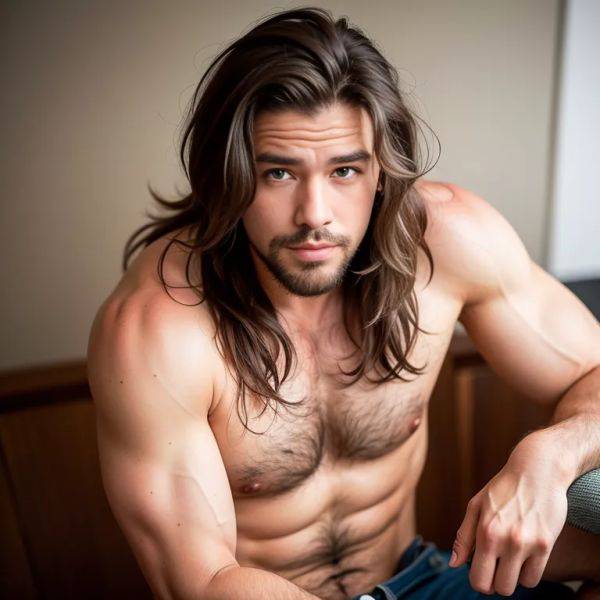 Manly man,twenties,(RAW photo, best quality, masterpiece:1.1), (realistic, photo-realistic:1.2), ultra-detailed, ultra high res, physically-based rendering,long hair,messy hair,brown eyes,(smile),Looking at viewer,(adult:1.5) - pornmake.ai on pornintellect.com