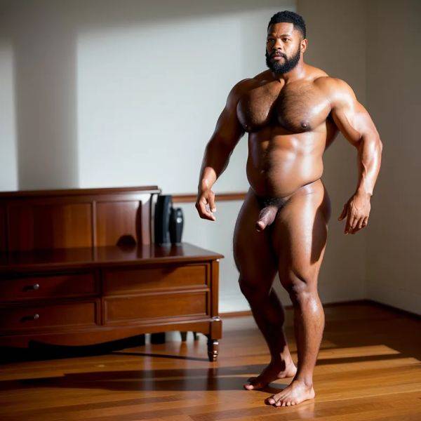 Black people, ,manly man,thirties,(RAW photo, best quality, masterpiece:1.1), (realistic, photo-realistic:1.2), ultra-detailed, ultra high res, physically-based rendering,fat,nude,standing,bedroom,from side,full body,(adult:1.5) - pornmake.ai on pornintellect.com