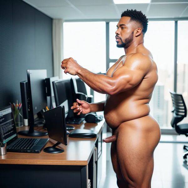 Black people, ,manly man,thirties,(RAW photo, best quality, masterpiece:1.1), (realistic, photo-realistic:1.2), ultra-detailed, ultra high res, physically-based rendering,fat,nude,standing,night,office,from side,full body,(adult:1.5) - pornmake.ai on pornintellect.com