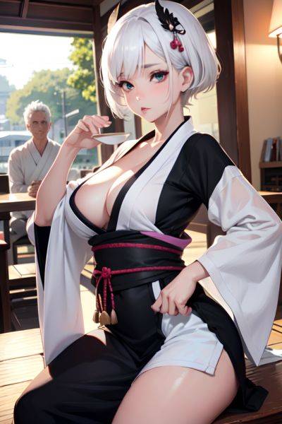 Anime Busty Small Tits 80s Age Pouting Lips Face White Hair Pixie Hair Style Light Skin Black And White Cafe Front View Working Out Kimono 3673658188721540829 - AI Hentai - aihentai.co on pornintellect.com