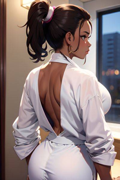 Anime Muscular Huge Boobs 20s Age Pouting Lips Face Brunette Ponytail Hair Style Dark Skin Watercolor Club Back View Working Out Bathrobe 3674918331661977421 - AI Hentai - aihentai.co on pornintellect.com