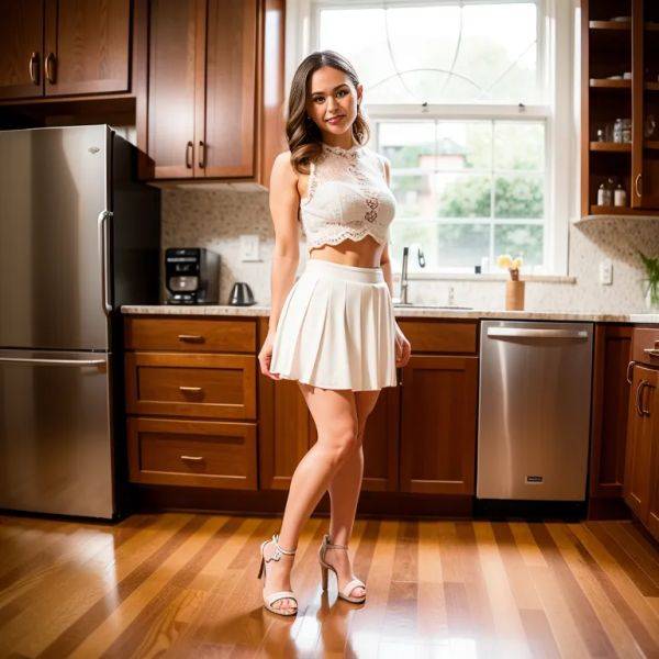 ,white people,woman,twenties,(RAW photo, best quality, masterpiece:1.1), (realistic, photo-realistic:1.2), ultra-detailed, ultra high res, physically-based rendering,beautiful,happy,perfect body,western clothing,micro skirt,standing,kitchen,(adult:1.5) - pornmake.ai on pornintellect.com