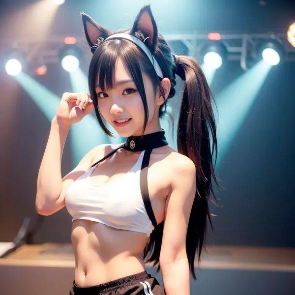 Hkgirl, (kpop idol), ,woman,twenties,long hair,pony tail,black hair,bangs,beautiful,(grin:1.2),normal breasts,muscular,abs,cat ears,(cat ears headband, fake animal ears),(cat ears headband, fake animal ears),short - pornmake.ai on pornintellect.com