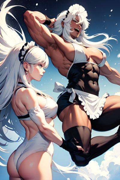 Anime Muscular Huge Boobs 70s Age Laughing Face White Hair Straight Hair Style Dark Skin Black And White Snow Back View Jumping Maid 3675482690372227348 - AI Hentai - aihentai.co on pornintellect.com
