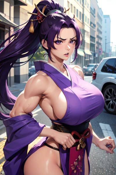 Anime Muscular Huge Boobs 40s Age Angry Face Purple Hair Ponytail Hair Style Light Skin Painting Street Close Up View Working Out Geisha 3675722350037928393 - AI Hentai - aihentai.co on pornintellect.com