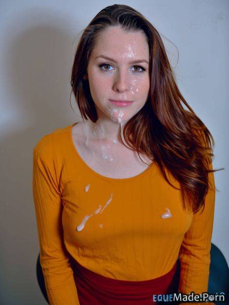 Looking at viewer perfect boobs photo brunette busty bukkake woman AI porn - made.porn on pornintellect.com
