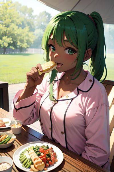 Anime Chubby Small Tits 40s Age Happy Face Green Hair Ponytail Hair Style Dark Skin Soft Anime Tent Front View Eating Pajamas 3676267381377912215 - AI Hentai - aihentai.co on pornintellect.com
