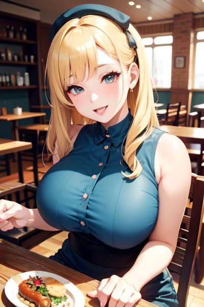 Anime Busty Huge Boobs 40s Age Happy Face Blonde Bangs Hair Style Light Skin Vintage Cafe Close Up View On Back Goth 3678219443983438194 - AI Hentai - aihentai.co on pornintellect.com