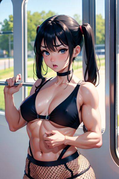 Anime Muscular Small Tits 60s Age Shocked Face Black Hair Pigtails Hair Style Light Skin Painting Train Close Up View Plank Fishnet 3678285156536635006 - AI Hentai - aihentai.co on pornintellect.com