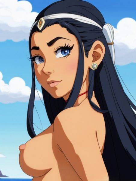 Long haired anime babe with blue eyes Katara poses naked in the sea - pornpics.com on pornintellect.com