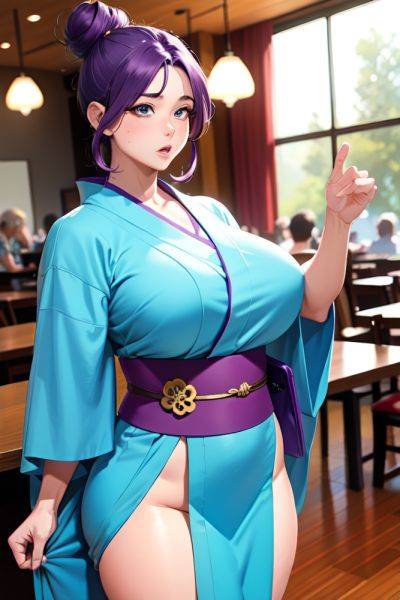 Anime Muscular Huge Boobs 80s Age Shocked Face Purple Hair Hair Bun Hair Style Light Skin Comic Cafe Front View On Back Kimono 3678397255167953845 - AI Hentai - aihentai.co on pornintellect.com