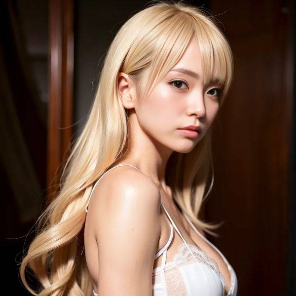 , japanese,woman,twenties,(RAW photo, best quality, masterpiece:1.1), (realistic, photo-realistic:1.2), ultra-detailed, ultra high res, physically-based rendering,long hair,blonde hair,hair behind ear,(adult:1.5) - pornmake.ai - Japan on pornintellect.com
