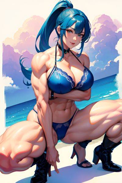 Anime Muscular Huge Boobs 20s Age Happy Face Blue Hair Ponytail Hair Style Light Skin Watercolor Casino Front View Squatting Lingerie 3679757901294954041 - AI Hentai - aihentai.co on pornintellect.com